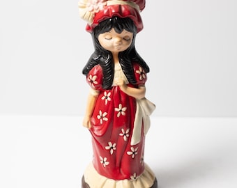 1970s Chalkware Figure Girl in Red Daisy Dress and Bonnet