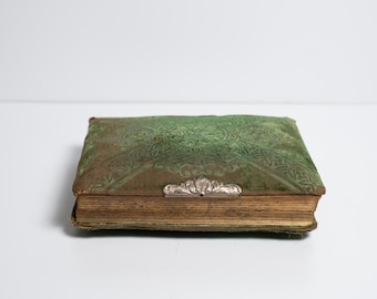 Victorian Antique Green Velvet Covered Thick Photo Album with 28 Antique Postcards