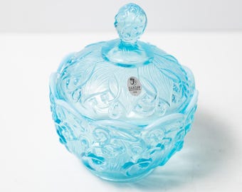 Fenton Lily of the Valley Blue Glass Candy Dish or Lidded Container