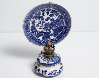 Japanese Blue Willow Ceramic Oil Lamp with Plate Reflector