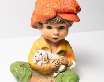 1974 Universal Statuary Figure Young Boy with Orange Hat and White Puppy Dog