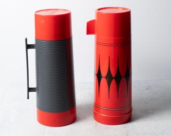 Vintage Quart Sized Aladdin Thermoses, Dura Clad Red Diamond and Two Toned Red/Navy Option