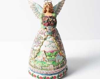 Jim Shore Wood Carved Angel "New Beginnings" Statue with Flower Bouquet / Springy