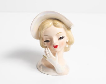 Elegant Lefton Ceramic Lady Head Vase #1115 Pearlescent Finish with Earrings