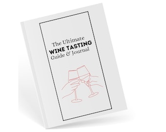 May include: A white booklet with a black border and the text "The Ultimate WINE TASTING Guide & Journal". A red line drawing of two wine glasses being clinked together is in the center of the booklet.