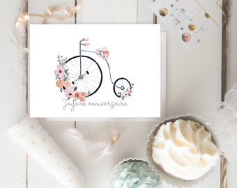Watercolor greeting card - Flowered bicycle - 5X7 - Without text