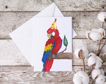Birthday card watercolor illustration ara bird parrot 5x7 no text