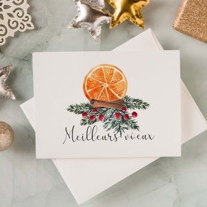 Carte de Noël orange meilleurs voeux 5x7 aquarelle