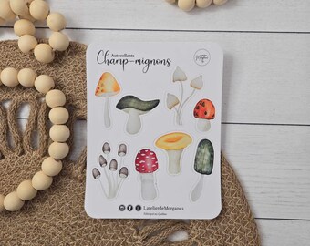 Autocollants en vinyle - Champ-mignons - planche de 8 autocollants peints à la main