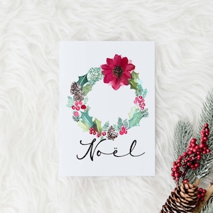 Carte de Noël couronne de poinsettia 5x7 aquarelle