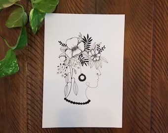 Femme en fleurs - dessin original à l'encre noire