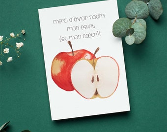 Carte pour enseignant, fin d'année, éducatrice, à l'aquarelle - Pomme- 5X7 - Sans texte