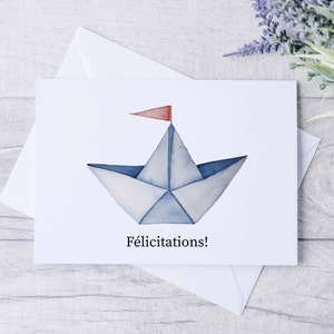 carte félicitations voilier origami 5x7 aquarelle
