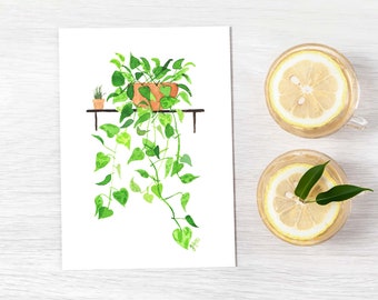 Greeting card with plant pothos philodendron golden watercolor 5x7