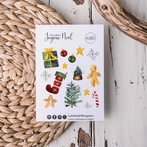 Autocollants en vinyle - Joyeux Noël - planche de 15 autocollants peints à la main