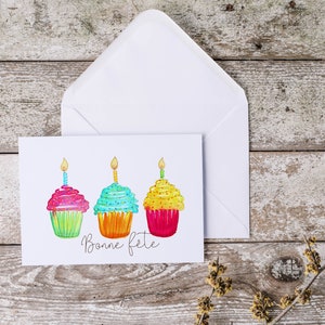 Carte de souhaits anniversaire à l'aquarelle cupcakes 5X7 sans texte