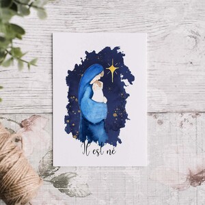 Carte de Noël vierge Marie et bébé Jésus 5x7 aquarelle