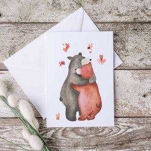 Carte de souhaits à l'aquarelle  Ours amoureux  5X7 Sans texte orange brun