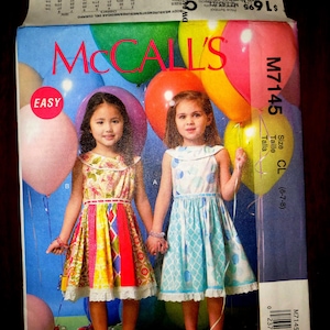 Girls' Dress with Gathered Waist: McCall's M7145 Sewing Pattern, Size CL (6-7-8)