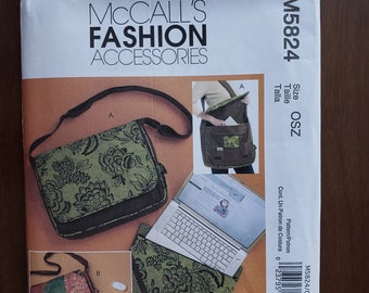 New, uncut sewing pattern, bags and laptop cover, McCall's pattern M5824, bag with adjustable strap, square bag for laptop, laptop cover