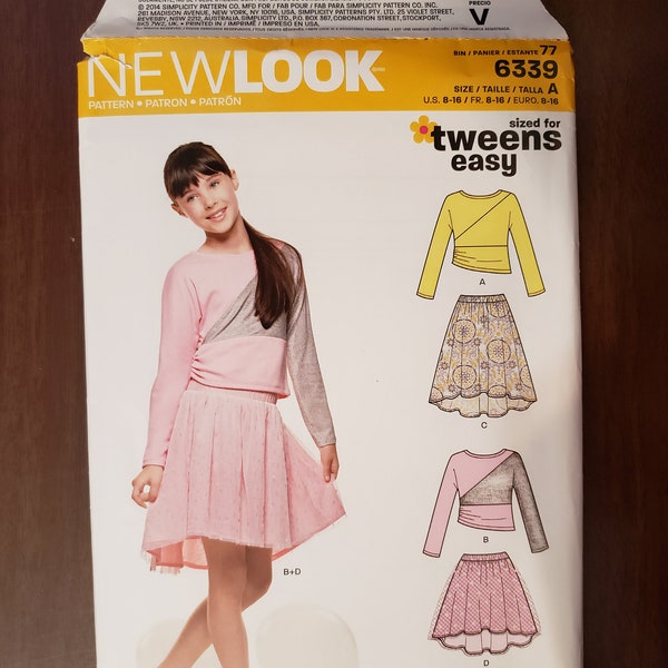 New, uncut sewing pattern. Girls'/Tweens knit top and skirt. New Look 6339, size A (8-16). Hi-lo hem, contrasting fabric.