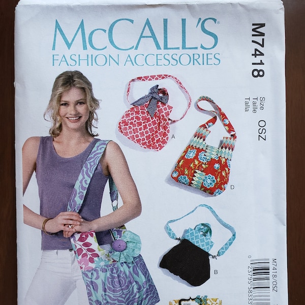 New, uncut sewing pattern, McCall's pattern M7418, Bags, handbags with shoulder straps, detachable straps, flap closure, inside pocket