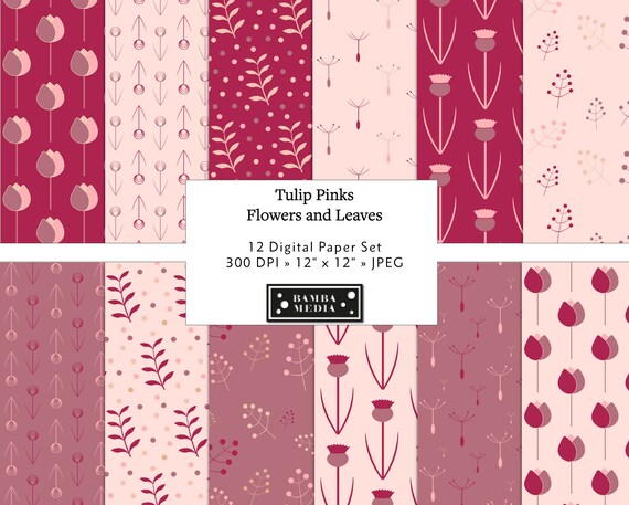 Flowers and Leaves Tulip Pinks Printable Digital Paper x12 Seamless Patterns - For Scrapbook, Stickers, Digital Background. Instant Download
