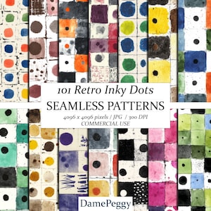 May include: A collection of seamless patterns featuring watercolor-style squares with centered dots in various colors like orange, blue, green, yellow, and pink. The text reads 101 Retro Inky Dots SEAMLESS PATTERNS 4096 x 4096 pixels / JPG / 300 DPI COMMERCIAL USE DamePeggy.