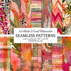 May include: A collection of 101 khaki and coral watercolor seamless patterns featuring diverse designs including floral, chevron, striped, heart, and sun motifs. The text reads 101 Khaki & Coral Watercolor SEAMLESS PATTERNS 4096 x 4096 pixels / JPG / 300 DPI COMMERCIAL USE.