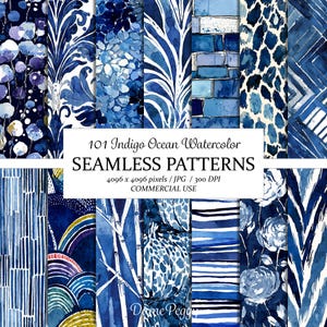 Puede incluir: Una colección de 101 patrones de acuarela de océano índigo sin costuras con varios diseños en azul y blanco, incluyendo motivos florales, geométricos, de ladrillo y abstractos. El texto dice 101 Indigo Ocean Watercolor SEAMLESS PATTERNS 4096 x 4096 pixels / JPG / 300 DPI COMMERCIAL USE.