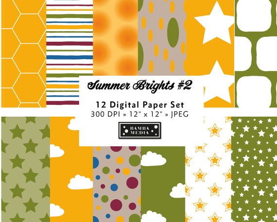 12 x YELLOW & GREEN, SUMMER Printable Digital Paper  - Seamless Patterns - For Scrapbook, Stickers, Digital Background. Instant Download