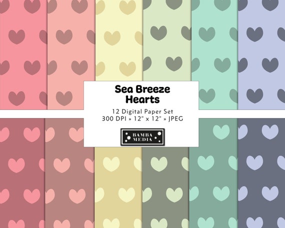 Sea Breeze Hearts Rainbow Colors Printable Digital Paper x12 Seamless Patterns - For Scrapbook, Digital Backgrounds, Fabrics, Websites