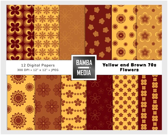 Hippie Retro 70s Brown and Yellow Flowers Printable DIGITAL PAPER