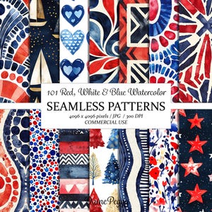 May include: A collection of 101 red, white, and blue watercolor seamless patterns featuring various designs including sailboats, hearts, stars, trees, dots, and geometric shapes. The text reads 101 Red, White & Blue Watercolor SEAMLESS PATTERNS.