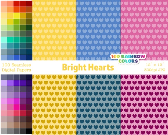Bright Hearts Digital Paper Pack, 100 Bright Colors, Seamless Patterns, for Scrapbooking, Digital Backgrounds, Stickers, Digital Planners