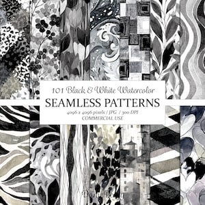 May include: A collection of 101 black and white watercolour seamless patterns featuring diverse designs including animal prints, floral motifs, geometric shapes, and abstract lines. The central text reads 101 Black & White Watercolor SEAMLESS PATTERNS.