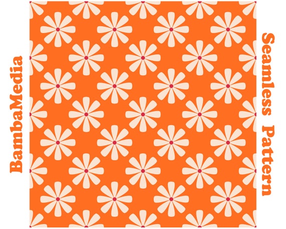 Pink and Orange Seamless Pattern, Retro 60s 70s Daisy Flowers for Fabric, Digital Paper, Backgrounds, Scrapbooking, Planners, Stickers, Art