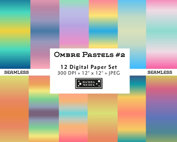 12 x OMBRE Pastel Gradient Rainbow Multi Colored Printable Digital Paper - Seamless Patterns - For Scrapbook, Stickers, Digital Background
