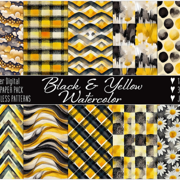 Black and Yellow Watercolor DIGITAL PAPER, Seamless Pattern, Scrapbook, Planners, Stickers, Digital Background, Junk Journal, Commercial Use