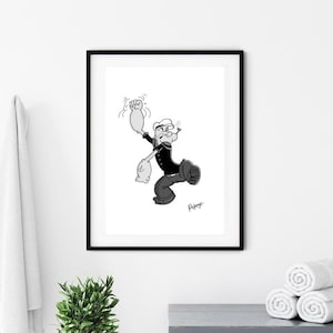 Impresión o póster de Popeye, personaje de dibujos animados clásico minimalista monocromático, arte de pared imprimible, impresión artística de descarga digital instantánea. Regalo único.