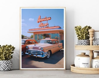 Retro Diner Pink Cadillac Kunstdruck: Amerikanisches Drive-Thru (Digitaler Download)