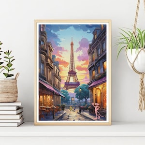 Pink Panther Paris Poster/Druck, klassische Zeichentrickfigur Wanddruck, druckbare Pink Panther Wandkunst, sofortiger digitaler Download.