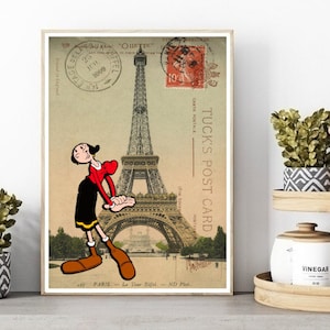 Olive Oyl ama Paris, impressão de cartão postal/pôster, arte de parede para impressão do personagem de desenho animado clássico do Popeye, download digital instantâneo. Presente exclusivo.