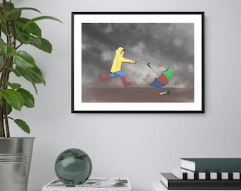 Childhood Art Print: Whimsical Boy, Umbrella Autumn Original SIGNED Fine Art, (Digital Download)