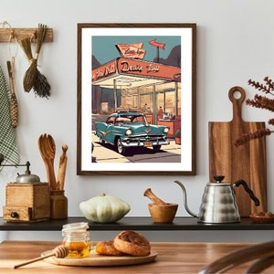 Retro American Diner Print/Poster, Drive Thru Wall Print, Printable Kitchen Wall Art, Instant Digital Download. Unique Gift.Last Minute Gift