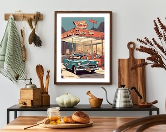 Retro Diner Print: Oldtimer, Drive Thru Wandbild (Digitaler Download)