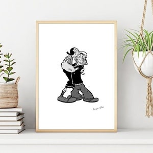 Popeye & Olive Druck/Poster, minimalistische klassische Cartoon Figur druckbare Wandkunst, sofortiger digitaler Download Kunstdruck. Einzigartiges Geschenk.