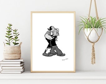 Popeye & Olive Oyl Print: Minimalist Cartoon Art (Digital Download)