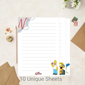May include: White lined notepad featuring The Simpsons characters Homer Simpson and Mr. Burns. The notepad has the text "NOTES" in red and blue, and the text "10 Unique Sheets" at the bottom. A pencil and sharpener are visible.