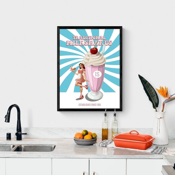 Retro Milkshake Print/Poster, Retro Style Milkshake Wall Print, Printable 50's Kitchen Diner Wall Art, Instant Digital Download.